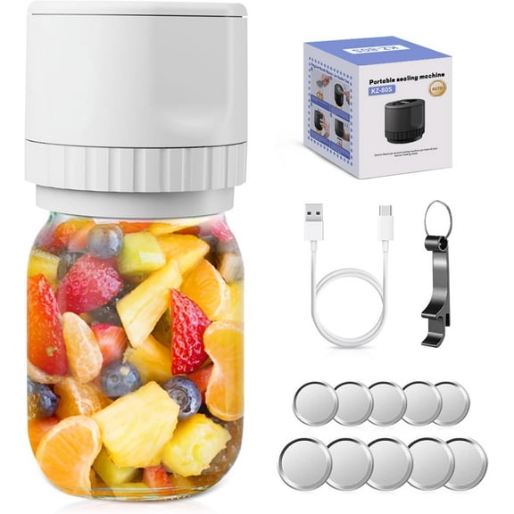 Mason Jar Vacuum Sealer Kit, 80kPa Electric Vacuum Sealing Machine with Auto Stop, Wide & Regular Mouth Lids, Can Opener & Stickers for Food Storage, White