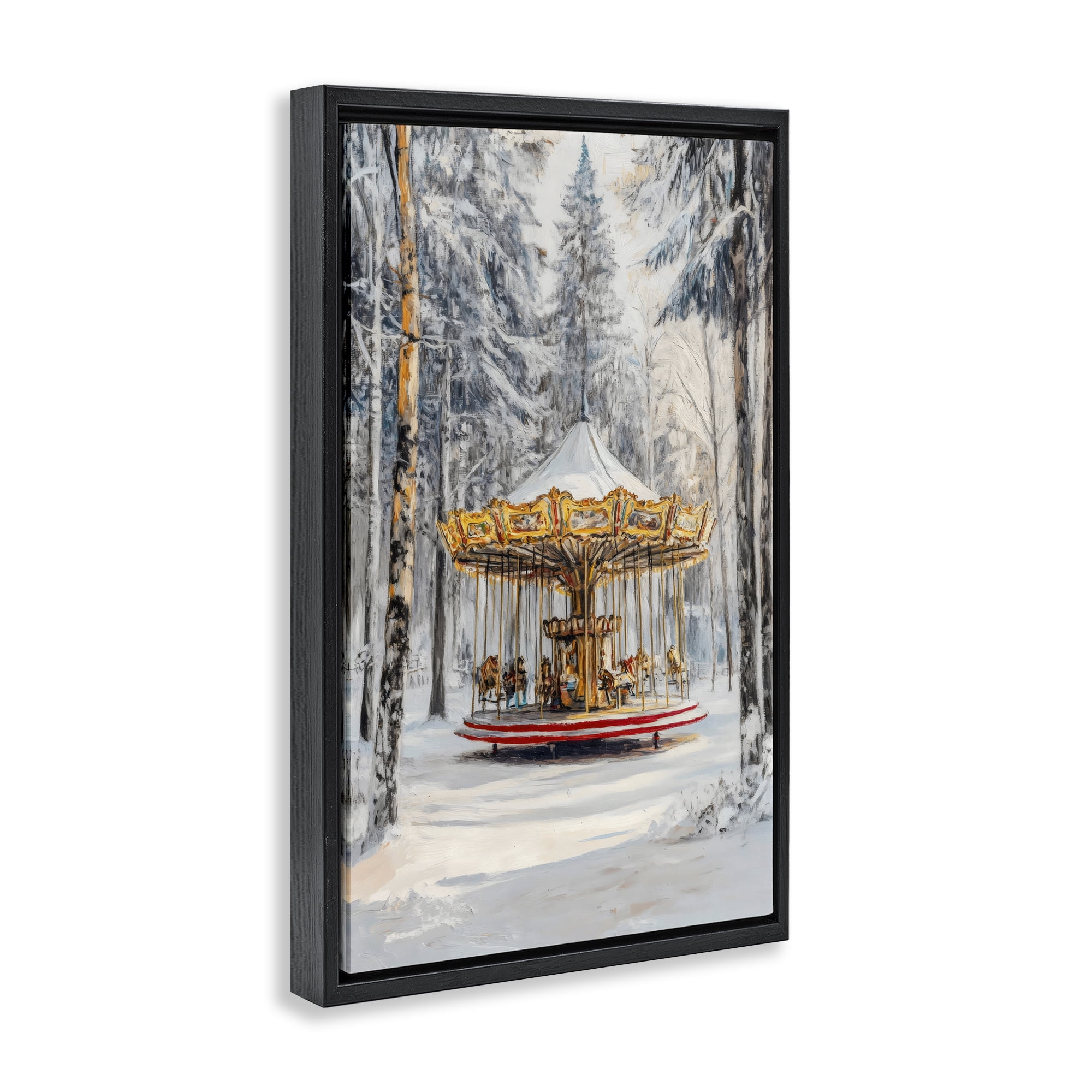 Winter Wonderland Carousel Black Framed Floater Canvas Wall Art, design by Petal Prints Design