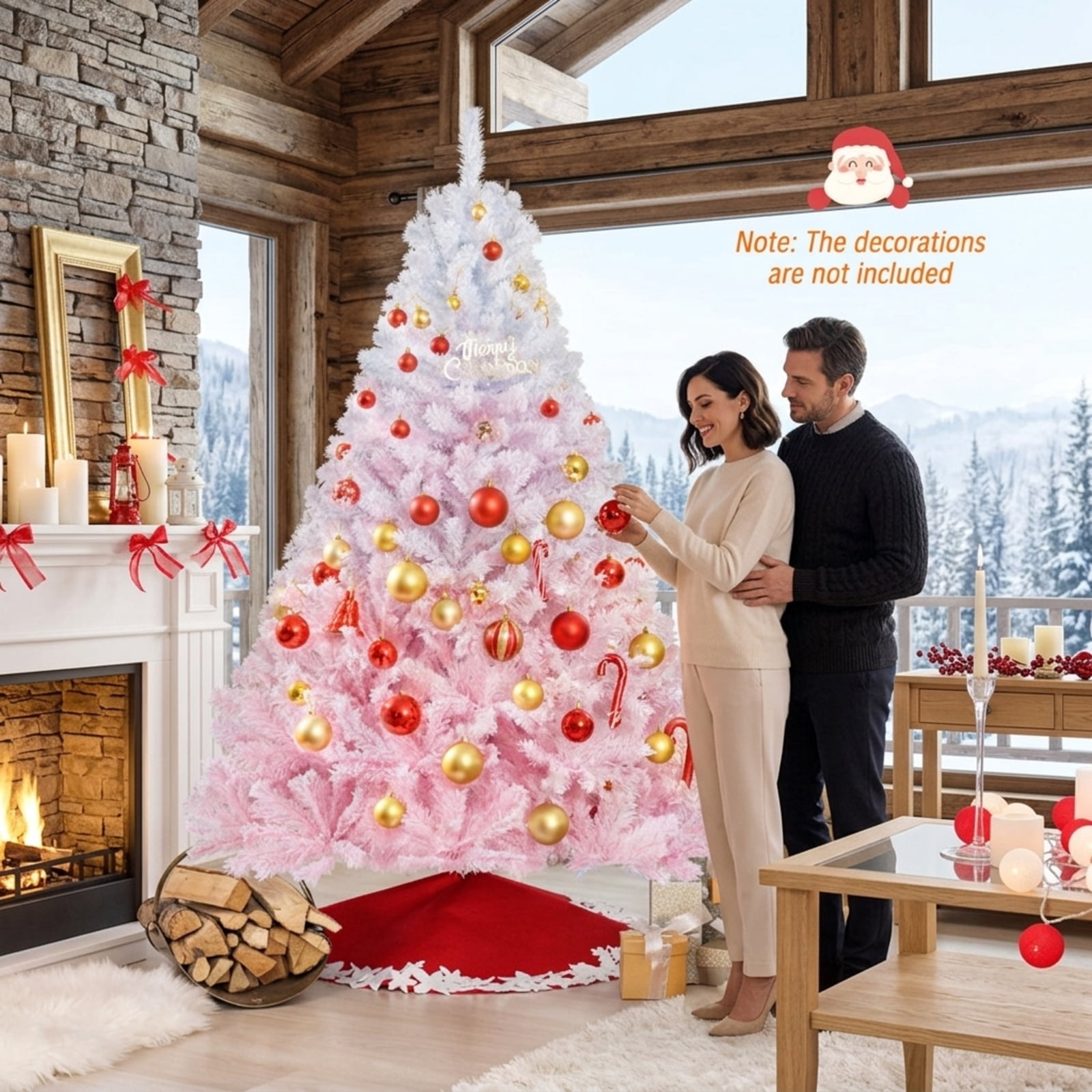 RUIE 6FT White & Pink Gradient Artificial Christmas Tree, 820 Snow Flocked Branch Tips Hinged Xmas Tree with Folding Metal Stand for Bedroom Holiday