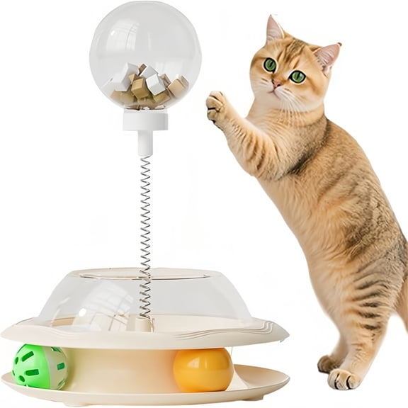 Interactive Cat Treat Dispenser Toy and Puzzle Feeder with Spring Wand and Spinning Balls,Enrichment Activity Center for Indoor Cats and Kittens - White