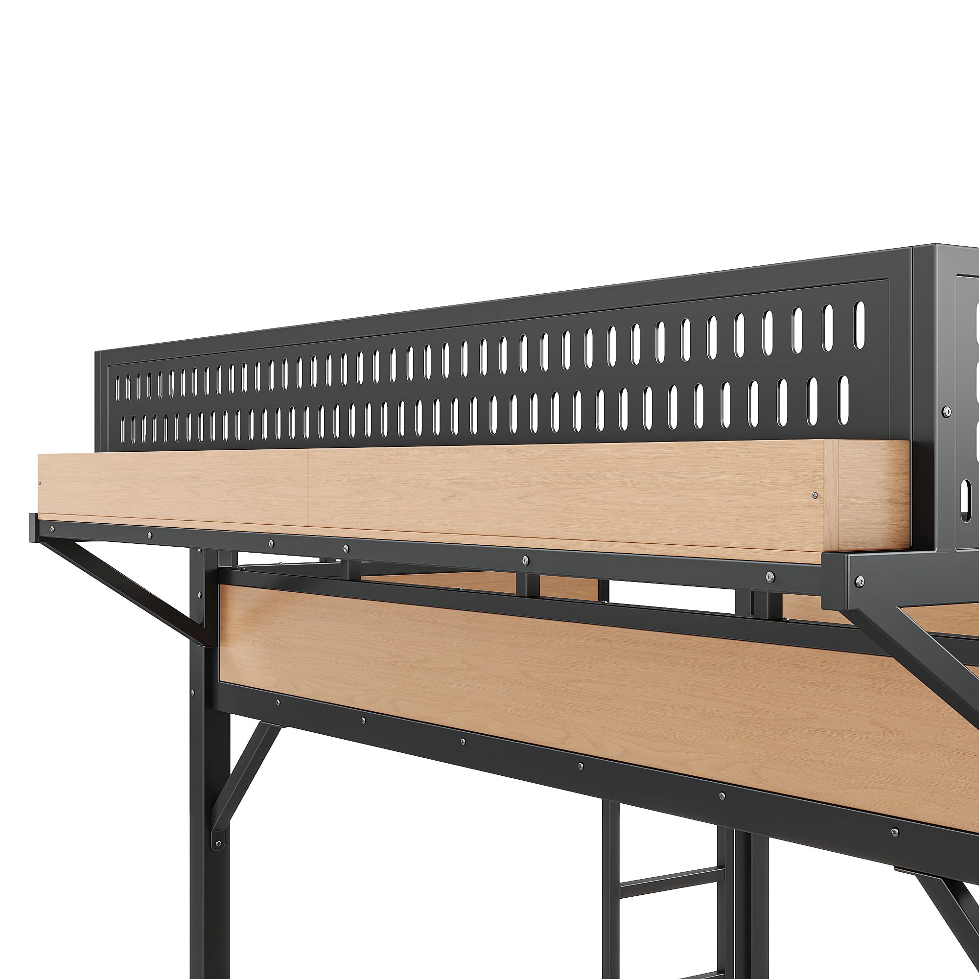 Full Size Metal Loft Bed with Slide and Storage Shelves, Built-in Wardrobe and USB Ports with LED Lights for Kids, Natural