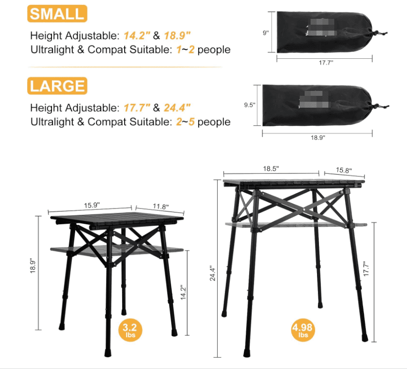 Folding Camping Table, Small Outdoor Table with Storage Bag, Adjustable Height 14.2" & 18.9", Portable Lightweight Aluminum Foldable Side Table for Picnic, BBQ, Beach & Tailgating