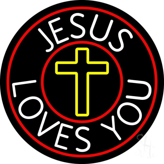 Jesus Loves You With Red Border LED Neon Sign 18 X 18 - inches Black Square Cut Acrylic Backing, with Dimmer - Premium built indoor Sign for Home décor, Religious place, Store interior.