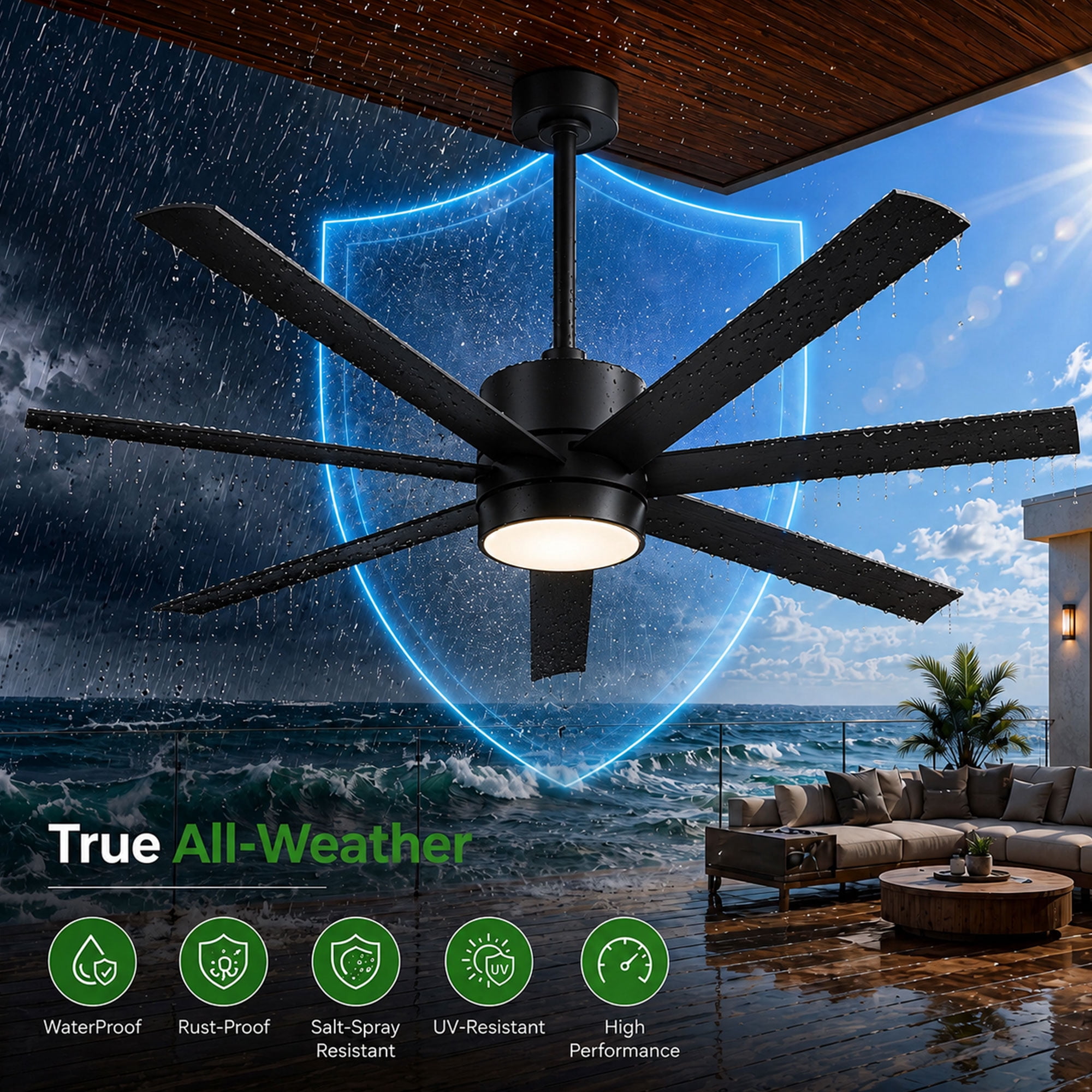 56" Outdoor Ceiling Fans for Patios Waterproof, All Weather UV Coating ABS 7 Blades Large Airflow Modern Black Wet Rated Fan for Exterior Outside Porch Gazebo Garage, 3CCT Dimmable Quiet DC Motor
