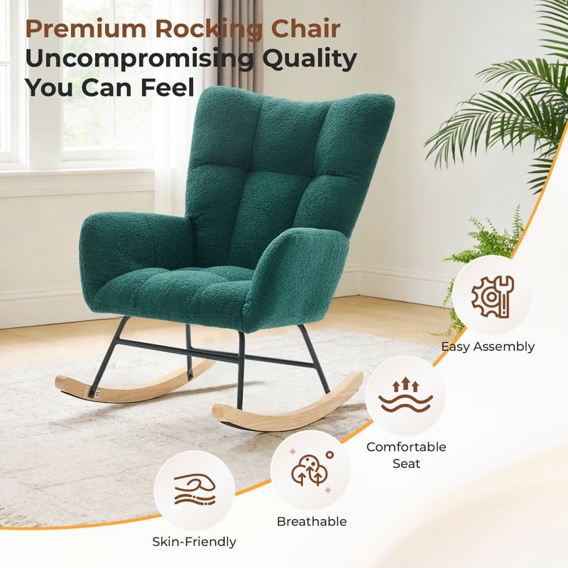 Gianna Rocking Chair with High Backrest, Teddy Upholstered Indoor Reading Glider Chair with Comfy Seat for Bedroom, Living Room, Green