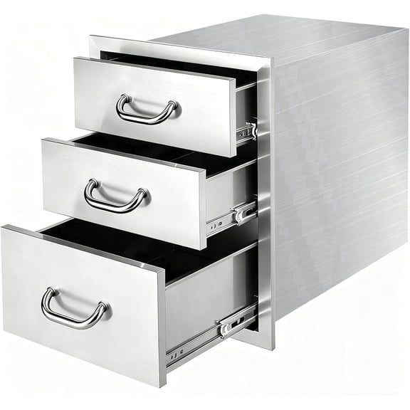 Stainless Steel Flush Mount BBQ Drawer, 18''W x 23''H x 23''D Outdoor Kitchen Cabinets, 3-Drawer BBQ Drawers with 3 x 48LBS/Tier Design for BBQ Island, Grill Area