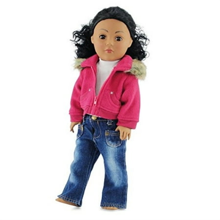 emily rose 18 inch doll clothes/clothing fits american girl doll - fur collar accessory jacket outfit with white t-shirt and distressed jeans