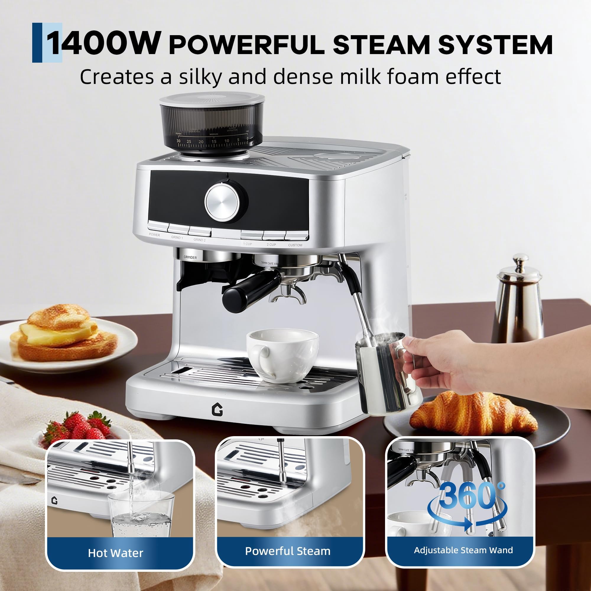 Danolapsi 20 Bar Espresso Machine with Built-in Grinder, Stainless Steel Coffee Maker with Milk Frother Steam Wand, 1.5L Removable Water Tank, Adjustable Shot Volume for Home & Office