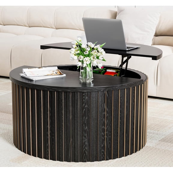 Fluted Lift Top Coffee Table with Storage, 31.5'' Farmhouse Round Coffee Tables for Living Room, Modern Wood Center Tables with Hidden Compartment for Home, Office (Black)