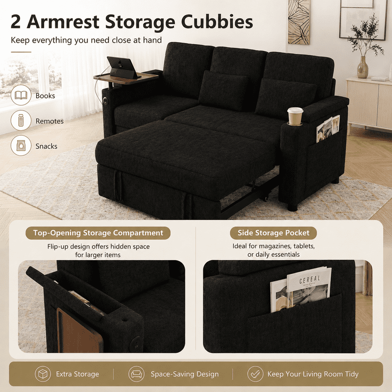 3-in-1 Convertible Sofa Bed, 3-Seater Chenille Couch with Adjustable Backrest, USB Charging Ports, Table Board and Storage Armrests, 81'' Foldable Sleeper Sofa for Living Room