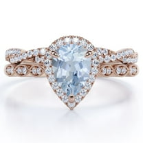 JeenMata Art Deco Filigree Milgrain - 1.5 Carat Almond Shaped Blue Created Aquamarine and Moissanite - Halo Pave Crossover Wedding Set - 18K Rose Gold Plating over Silver