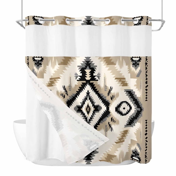 No Hook Shower Curtain, Boho Black Brown Standard Shower Curtains with Snap in Liner, Southwestern Geometric Ethnic Retro Waterproof Washable Fabric Bathroom Curtain Sets, 66"W x 72"L