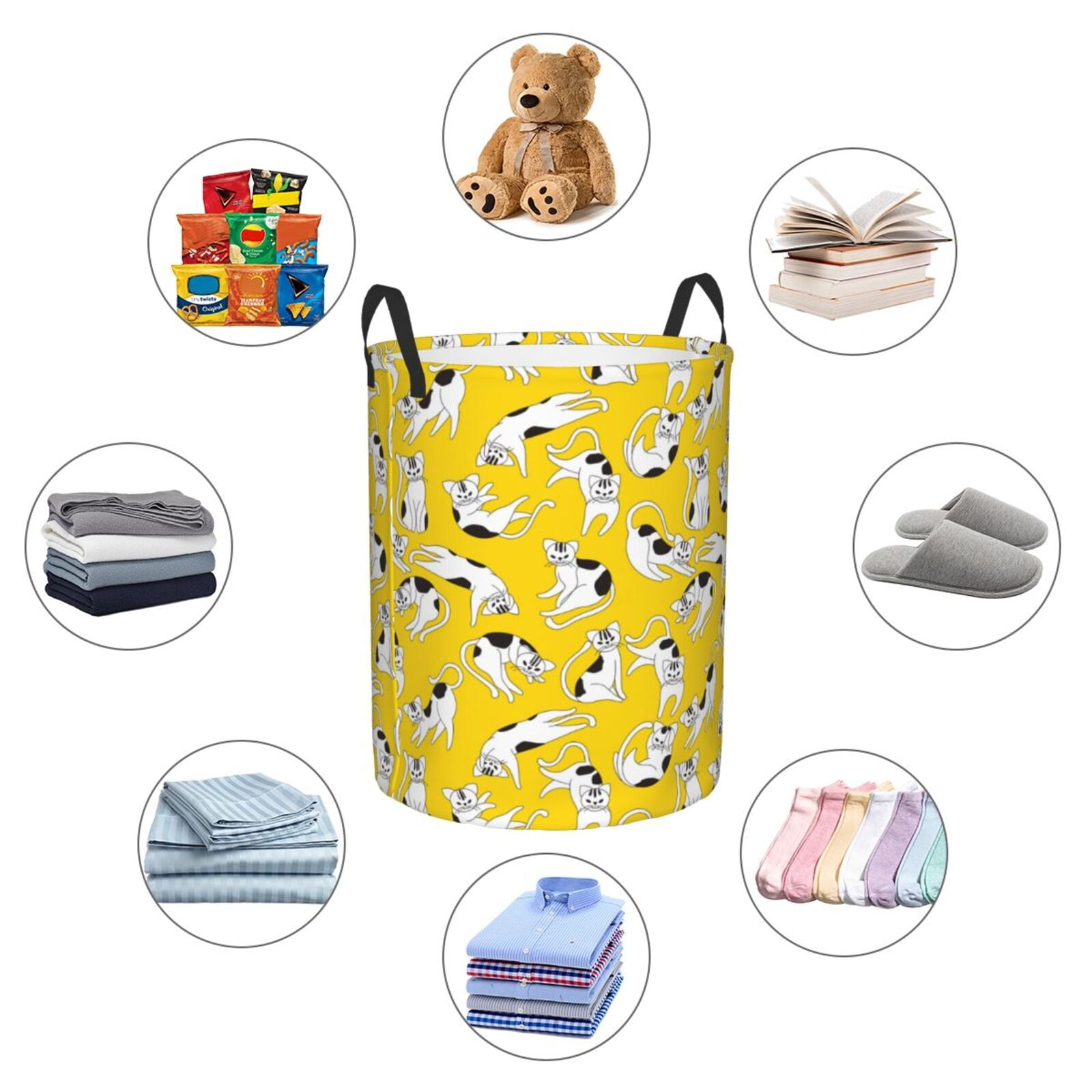 Large Laundry Basket with Handles - Artistic Cute Cartoon Cat Yellow Kids Baby Dirty Clothes Laundry Hamper for Bedroom Aesthetic