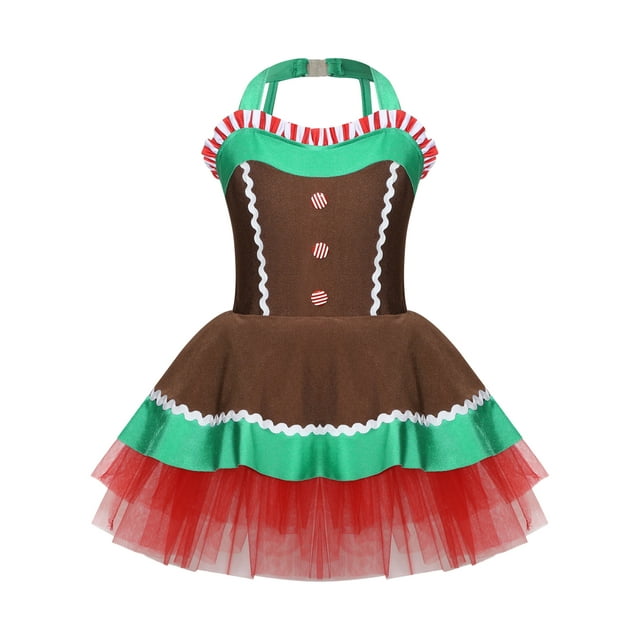 Hansber Costume de Noël en Pain d'Épice pour Filles Robe de Danse Tutu à Bulles Dos Ouvert Robe de Patinage Artistique Marron 6