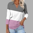 thumbnail image 1 of aidice T-Shirts pour Femmes à Manches 3/4, Col en V, Coupe Ample, Col à Revers, Hauts Printemps Été Décontractés, Doux et Confortables, T-Shirts à Blocs de Couleur, 1 of 5