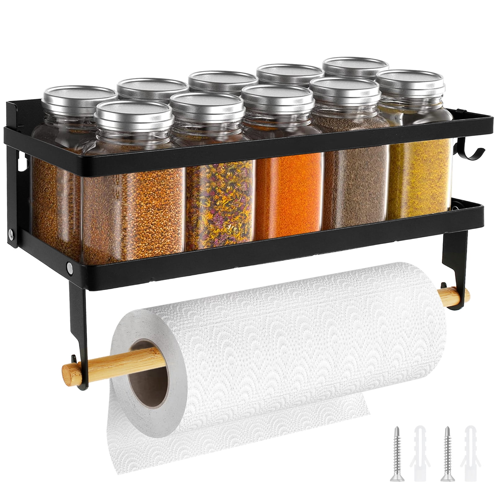 FUYGRCJ Magnetic Spice Rack with Paper Towel Holder Roll and 2 Hooks Magnetic Shelf Foldable Spice Organizer