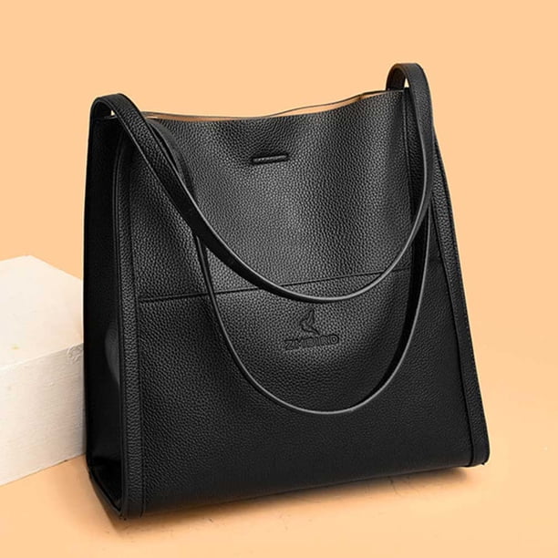 Bolso de mano informal para mujer, bolso hobo grande con cremallera, bolso de compras de cuero (negro)