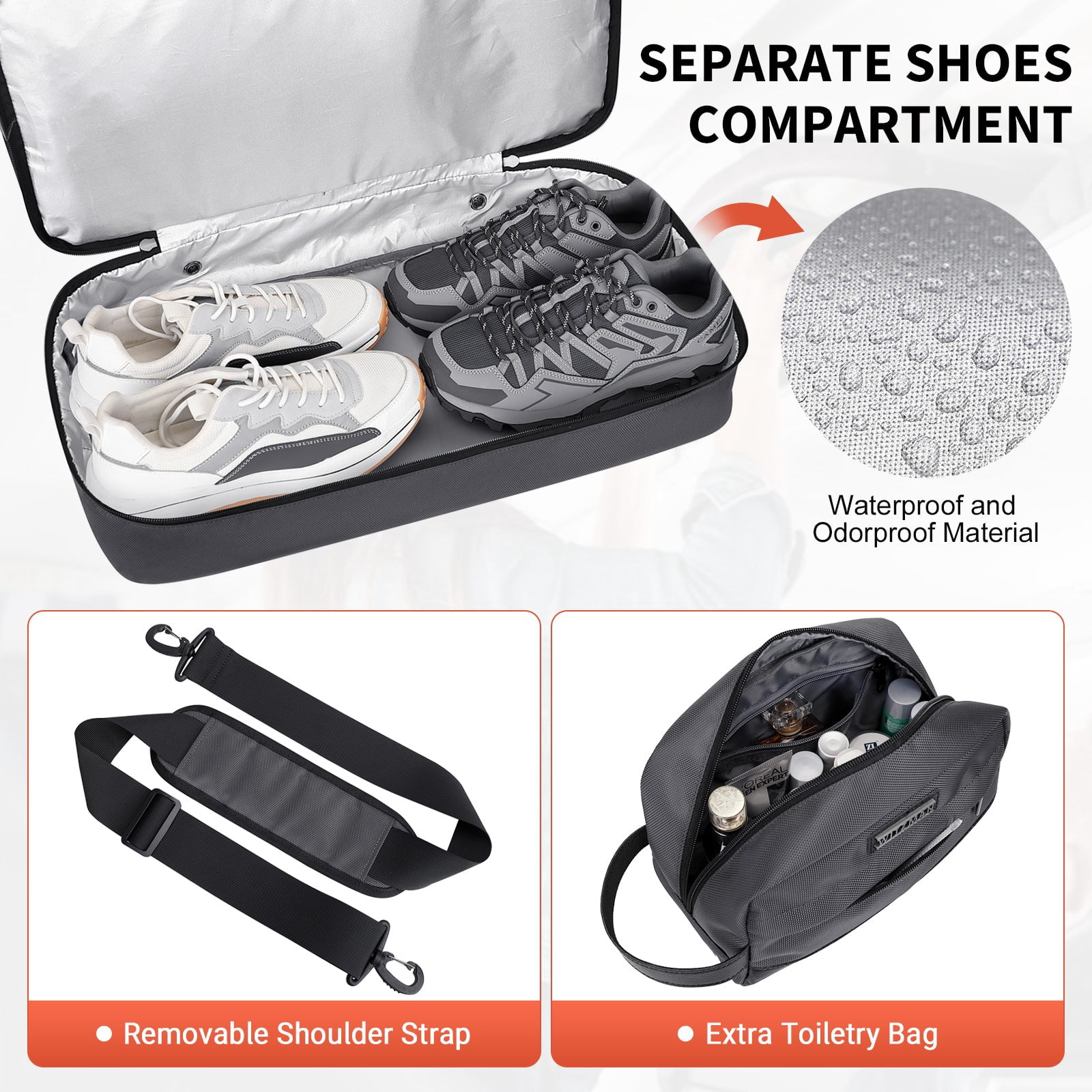 WITZMAN Travel Duffle Bags for Men Weekender Bags with Toiletry Bag Sets Carry on Overnight Bag 55L（B696 Silvery Grey）