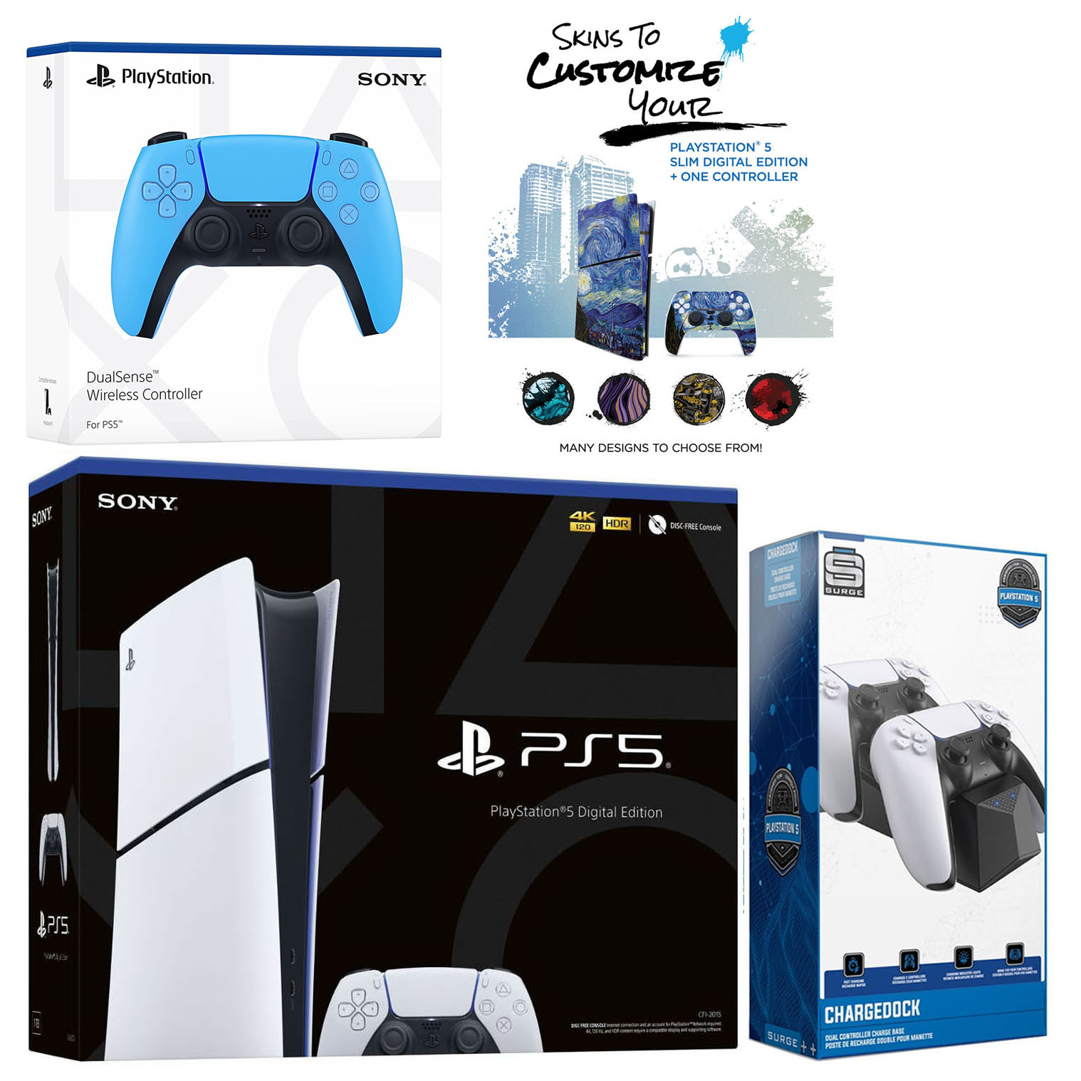 Sony Playstation 5 Slim Digital with Extra Starlight Blue Controller, Dual Charging Dock and MightySkins Decal Voucher Plus 1 Year CPS Extended Warranty