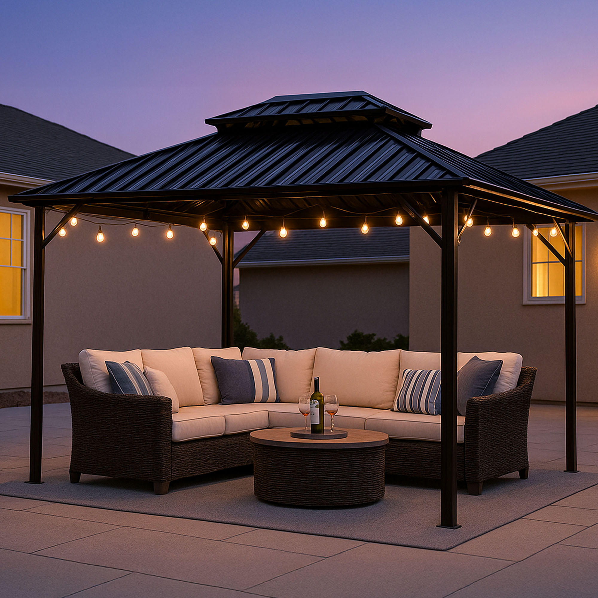 MeWang 10x10 Hardtop Gazebo, Black Aluminum Frame with Double Galvanized Steel Roof, Outdoor Patio Canopy for Backyard, Garden, Deck