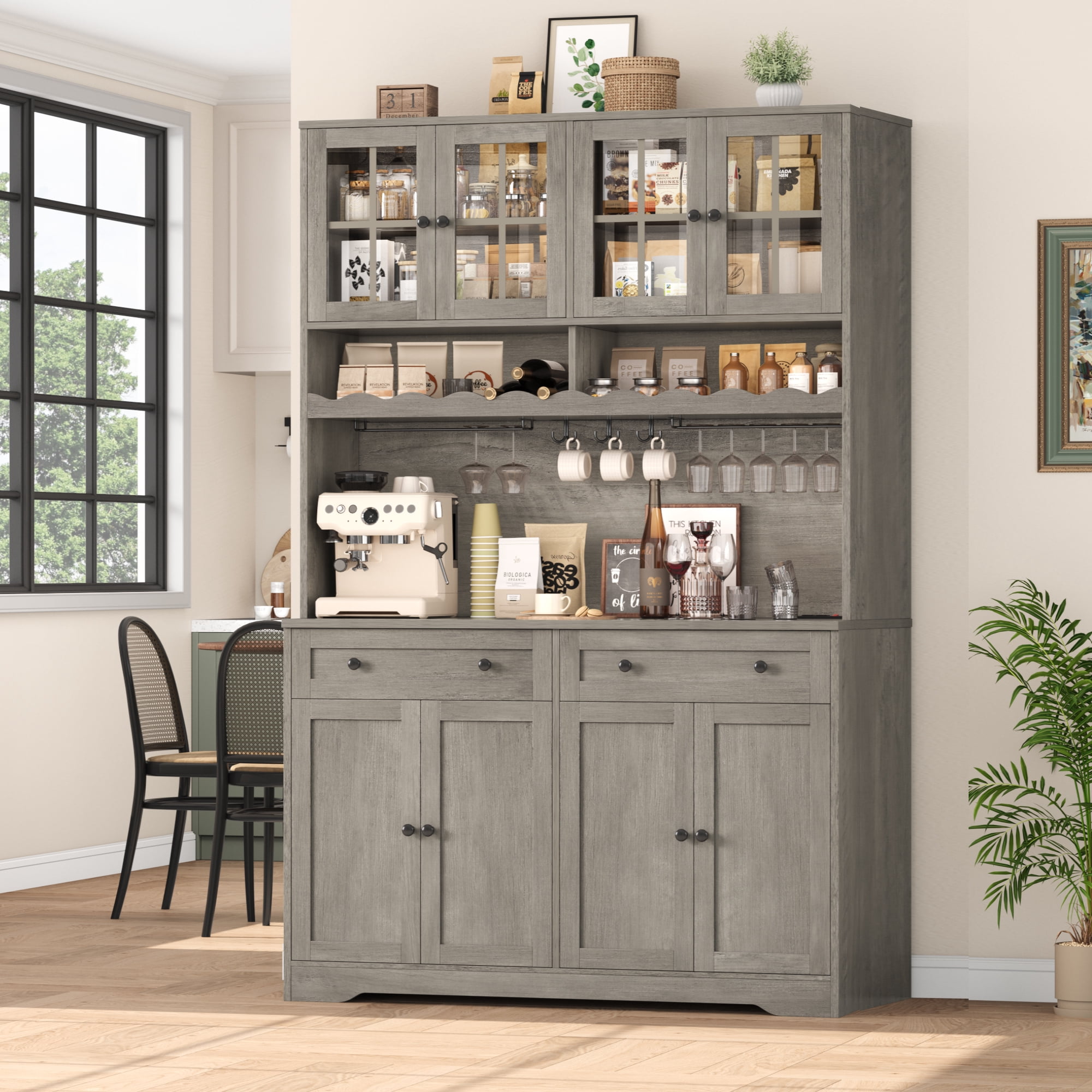 Hiphuta 75"Tall Kitchen Pantry Storage Cabinet with Power Outlet, Large Pantry Cabinet with Microwave Stand, Modern Freestanding Cupboard Hutch for Home Dinning Room, Ash Gray