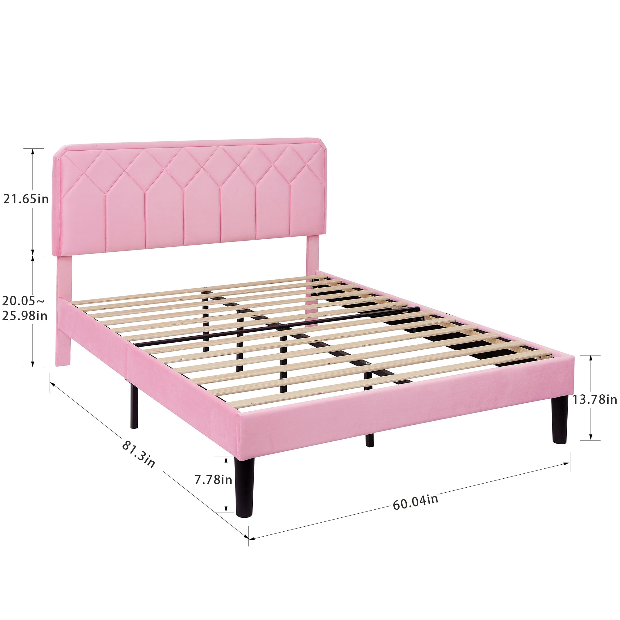 Taomika, Queen Size Tufted Nailhead Upholstered Platform Bed Frame with Adjustable Headboard-Pink