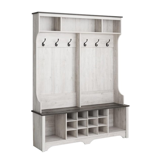 Pemberly Row Farmhouse Engineered Wood 77" Tall 6-Hook Hall Tree in Washed White