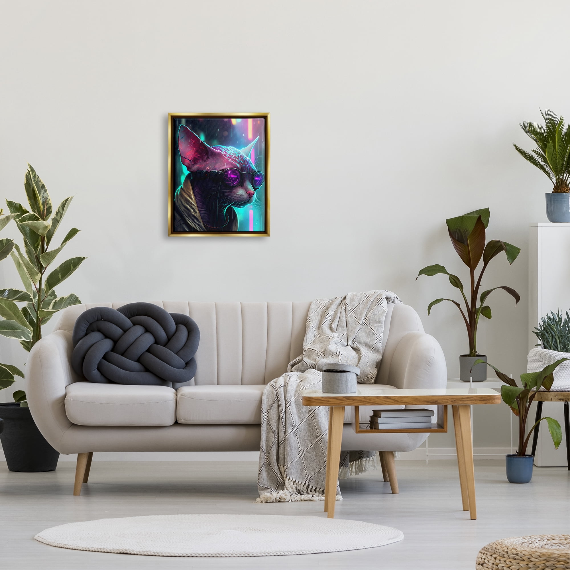 Stupell Industries Sphynx Cat Futuristic Cyber Style Animals & Insects Painting Gold Floater Framed Art Print Wall Art