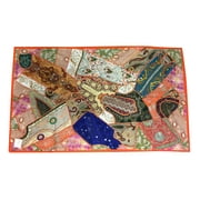 Mogul Indian Peach, Orange, Ivory, Ink Blue, Teal, Brown, Pink, ZARDOZI Tapestry Handmade Embroidered Patchwork Vintage Table Runner