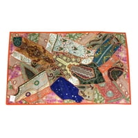 Mogul Indian Peach, Orange, Ivory, Ink Blue, Teal, Brown, Pink, ZARDOZI Tapestry Handmade Embroidered Patchwork Vintage Table Runner