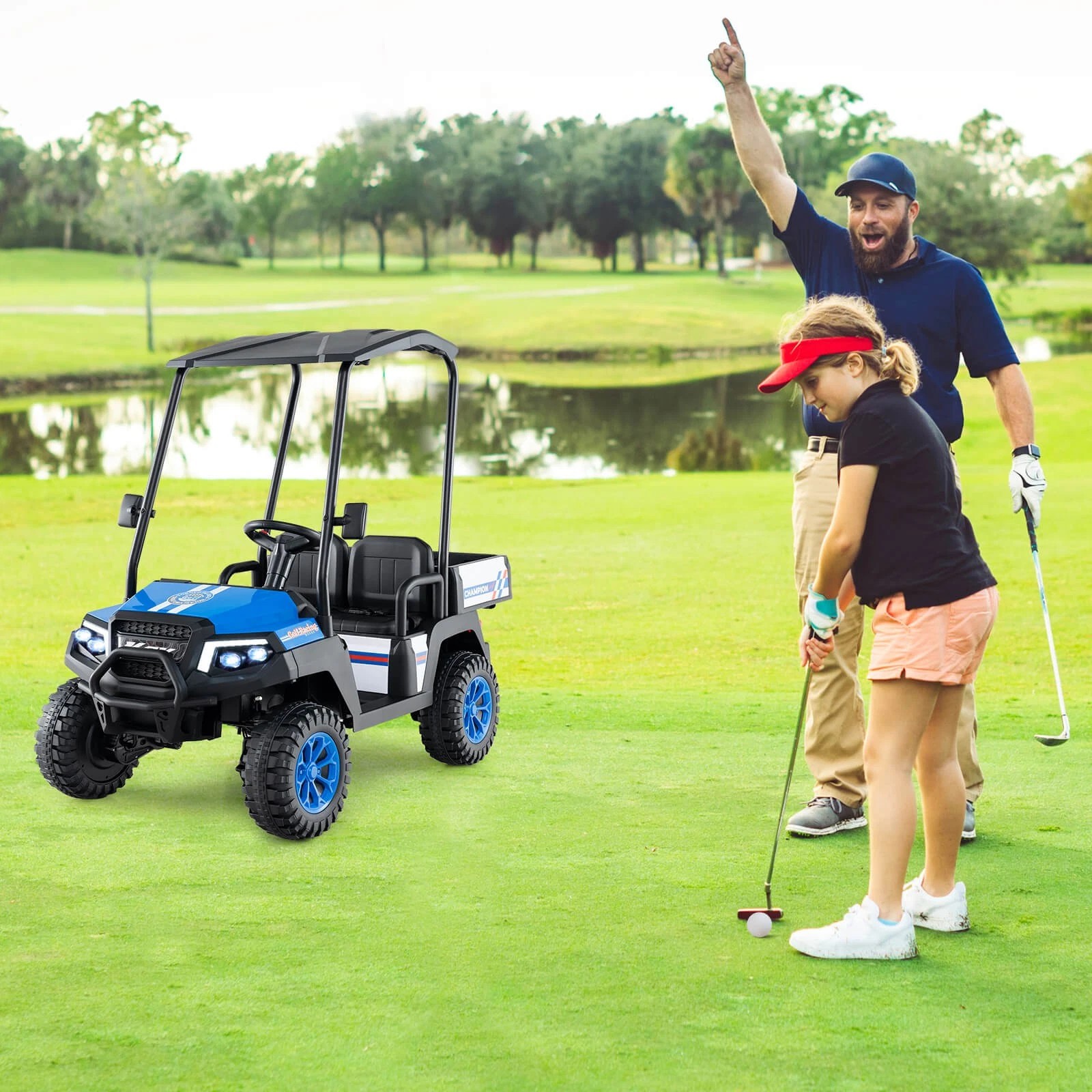 Exdeerjoy 24V 7AH Kids Golf Cart, 4WD 2 Seater Ride on Car w/Sun Shade, Storage & Remote Control, Battery Powered Vehicle