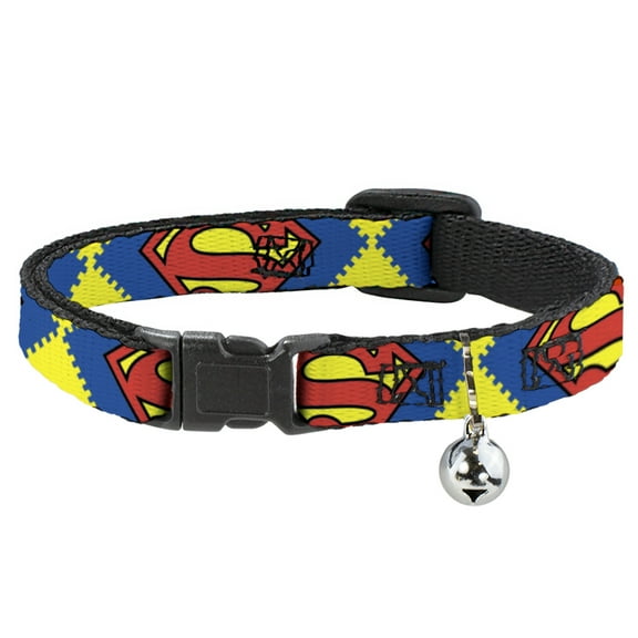 DC Comics Breakaway Cat Collar With Bell, Plastic Clip, Easy Adjustable, Jagged Superman Shield Close Up Yellow Blue Red, 8.5 to 12 Inches 0.5 Inch Wide