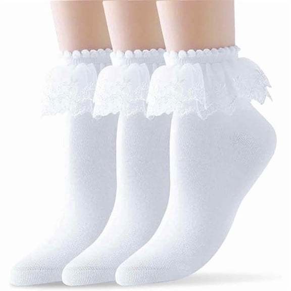 Eryueer 3 Pairs Girls Lace Socks, White Ruffle Frilly Ankle Cotton Socks Women with Lace Trim