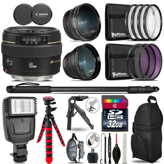 Canon 50mm f/1.4 USM - 3 Lens Kit Slave Flash Tripod - 32GB Accessory Bundle (International Version)