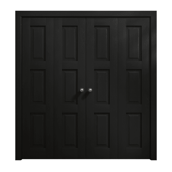 Sliding Closet Double Bi-fold Doors 72 x 80 inches | Ego 5010 Painted Black Oak | Sturdy Tracks Moldings Trims Hardware Set | Wood Solid Bedroom Wardrobe Doors