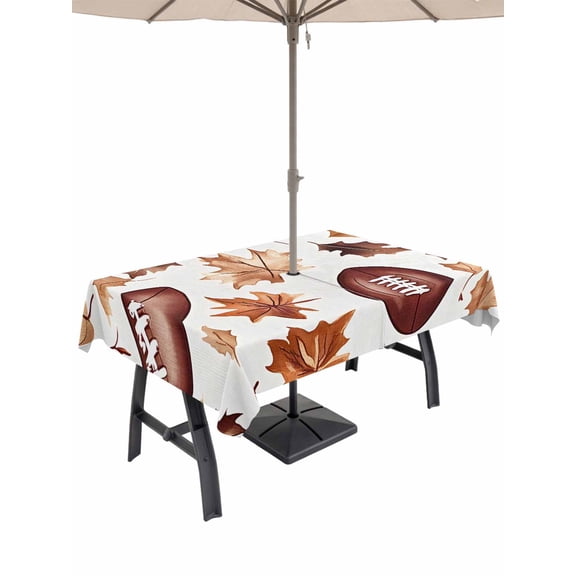 60x120 Inch Outdoor Tablecloth with Umbrella Hole Zipper Rectangle Fall Maple Leaf Football Rectangular Tablecloths Outside Waterproof Autumn Farmhouse Vintage Patio Table Cover for Picnic Party