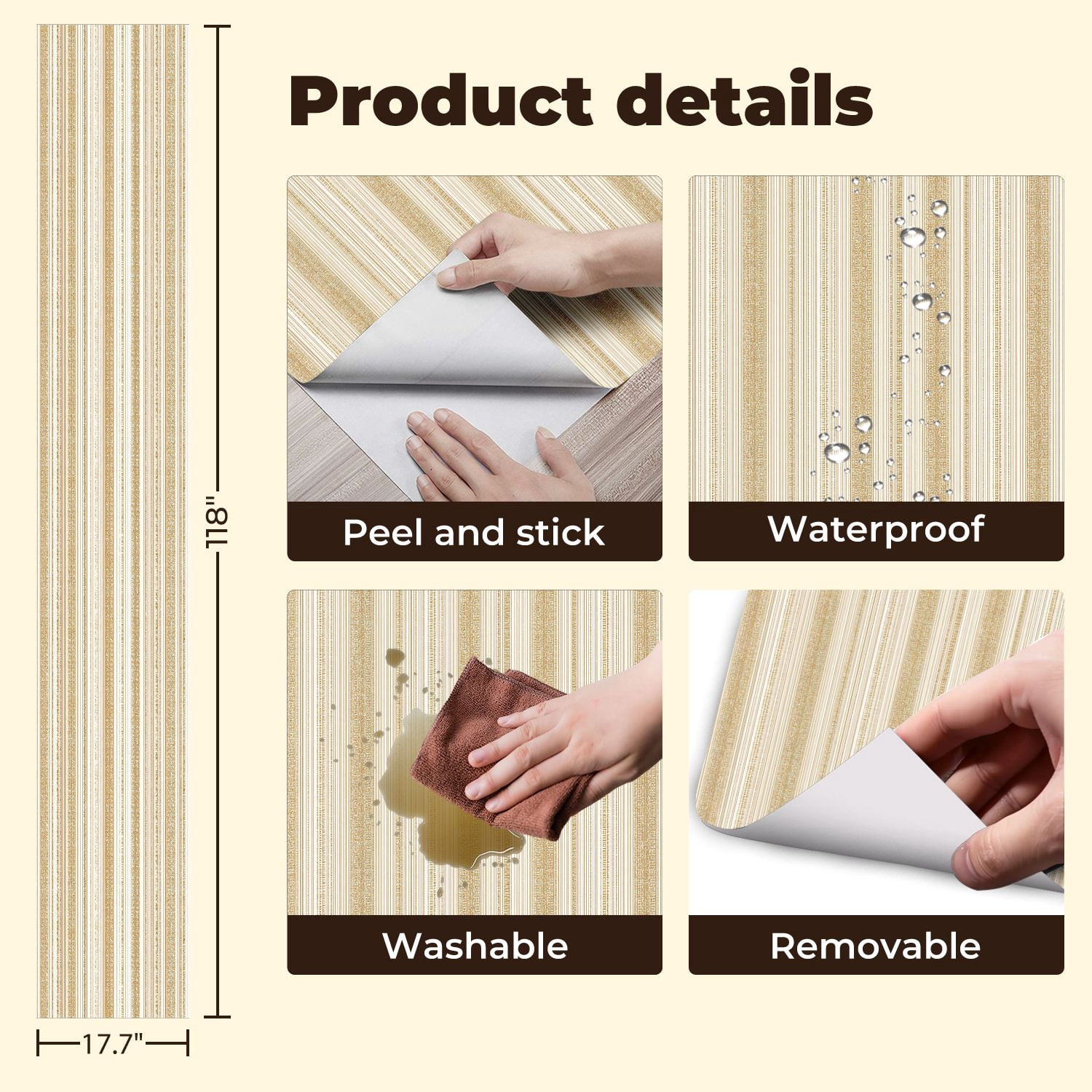Peel and Stick Wallpaper Elegant Vintage Floral Golden Stripes Delicate Wall Mural 17.7in x 9.8ft Self Adhesive Removable Wall Paper Renter Friendly Wallpaper for Bedroom Studio Lake House
