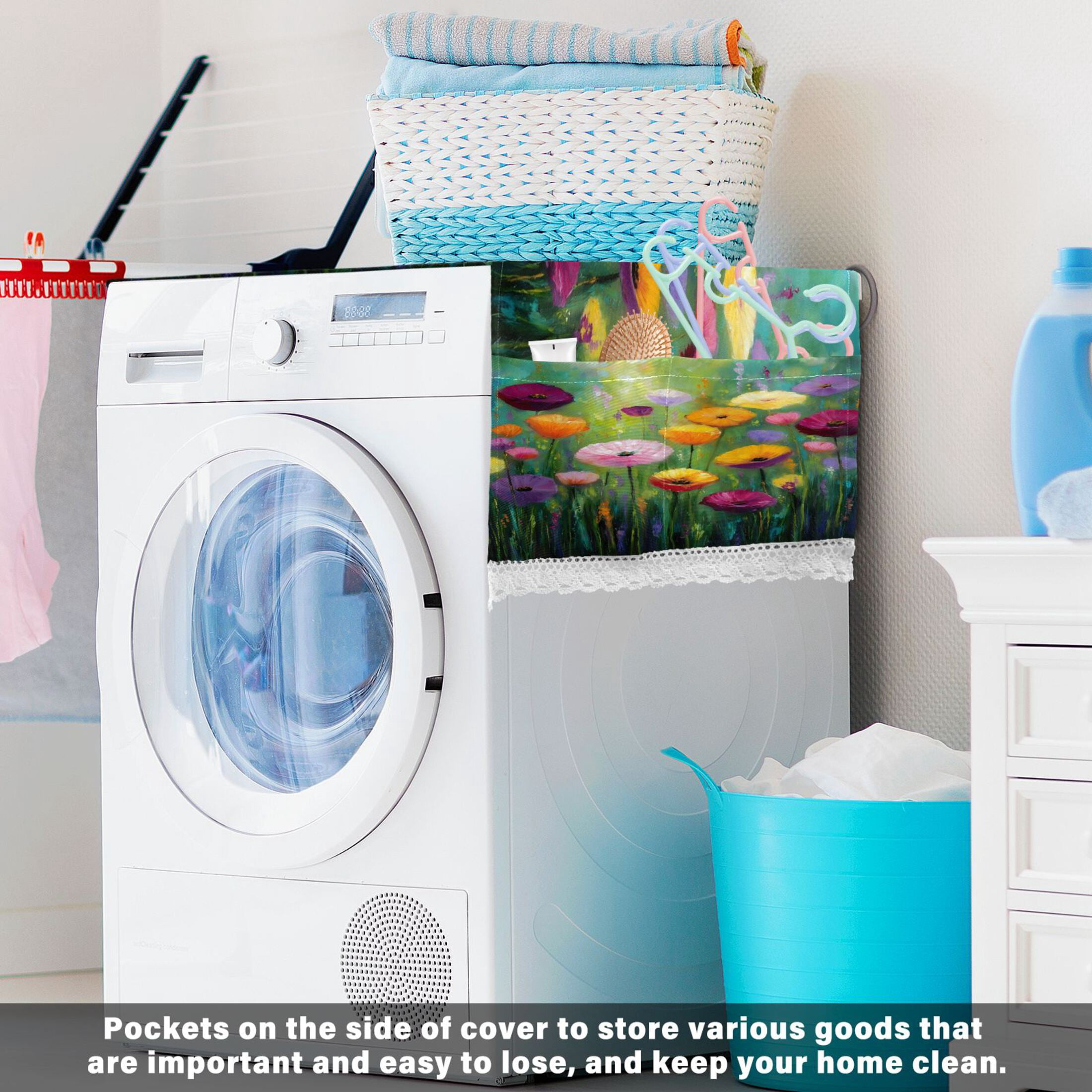 Wobogo Spring Wildflowers Washing Machine Cover Dustproof Washer Dryer Cover Waterproof Laundry Room Decorative Protector
