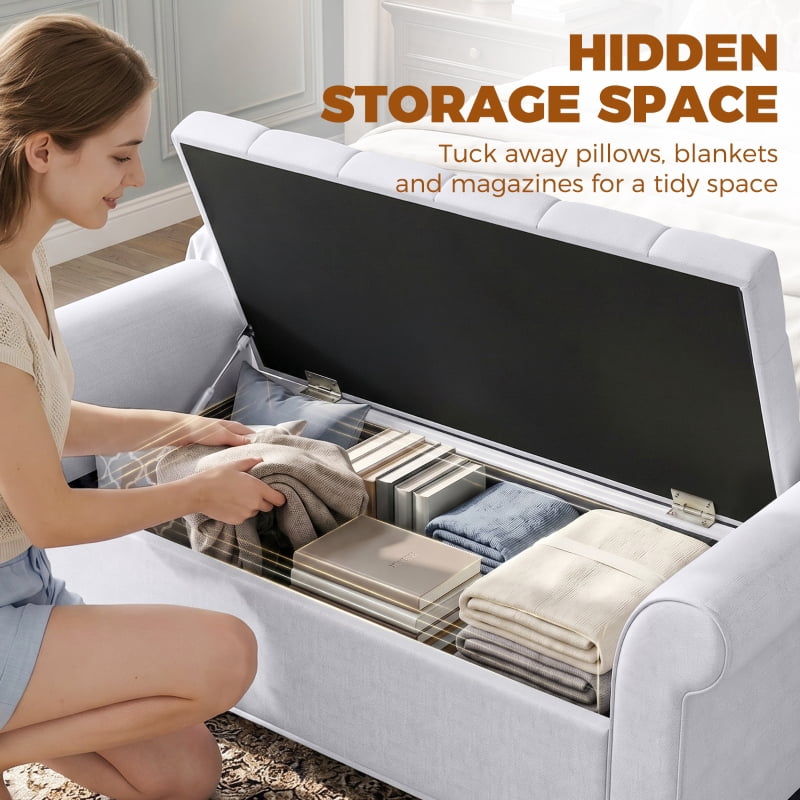 Alvantor Storage Bench with Tufted Seat & Rolled Arms for Bedroom 46.7"x18.5"x21.9" Light Gray