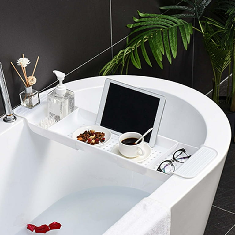 Adjustable Bath Tub Rack Sturdy Expandable ,Accessories Storage Shelf  ,Durable Bath Tub Tray For Bathroom Shower Bath Holder White 