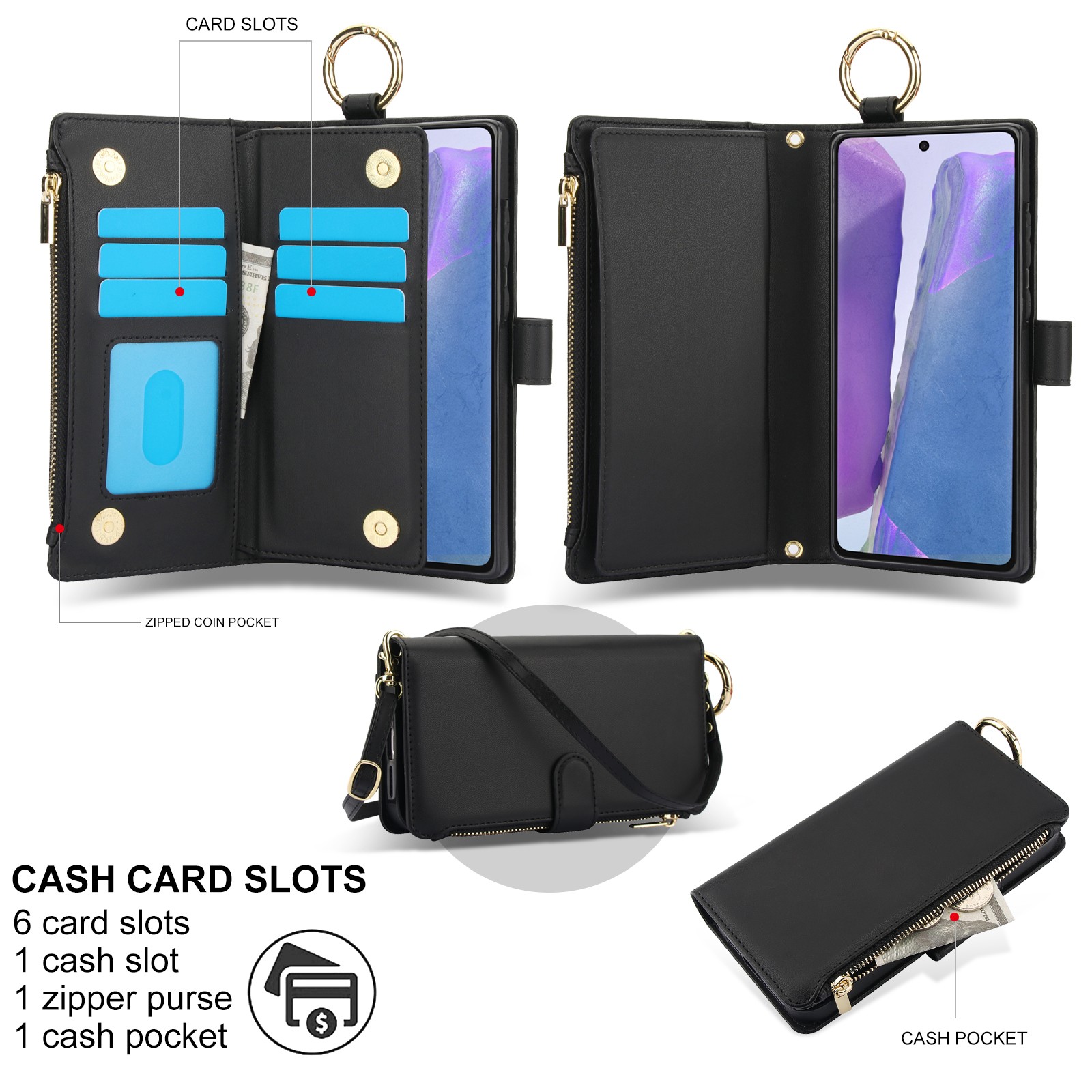 ELEHOLD For Samsung Galaxy Note 20 Phone Case Leather Crossbody Zipper Card Wallet Flip Case Kickstand Cover, with Ring Holder,Full Body Protection-Black
