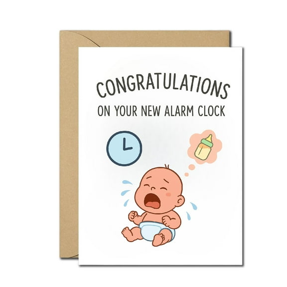Funny New Baby Greeting Card - “Congratulations on Your New Alarm Clock” Crying Baby Design, Blank Inside, Includes Envelope - Perfect for New Parents & Baby Showers
