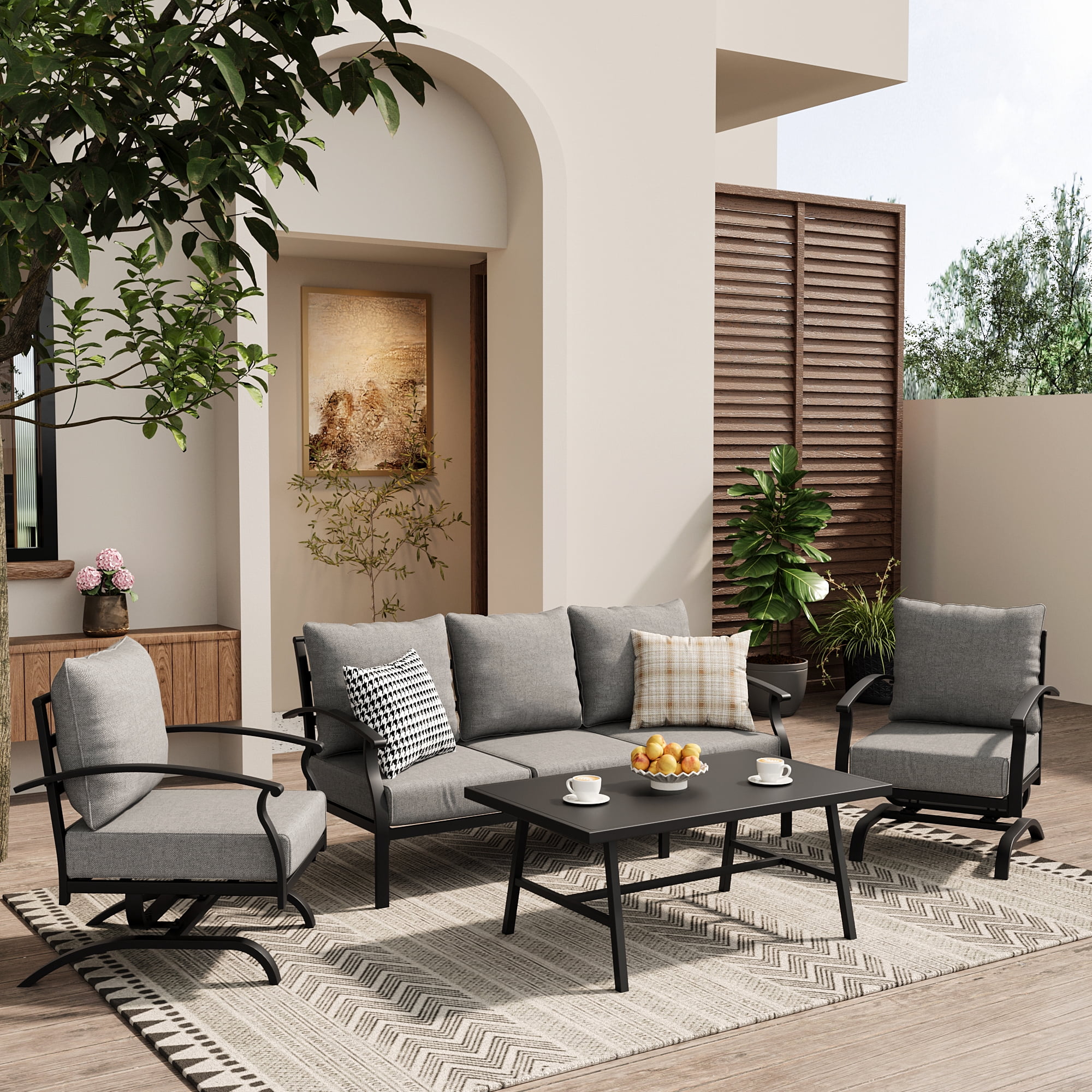 ALAULM 4 Piece Patio Furniture Set,Outdoor Metal Patio Furniture with Coffee Table & Rocking Chairs Conversation Set for Porch,Backyard,Poolside, Garden-Grey