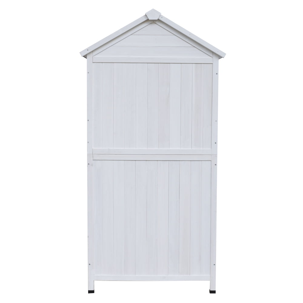 Spacious White Fir Wood Storage Shed, 67-Inch Tall with Dual Doors, Triangular Roof, and 4 Interior Compartments for Organized Garden Tool Storage