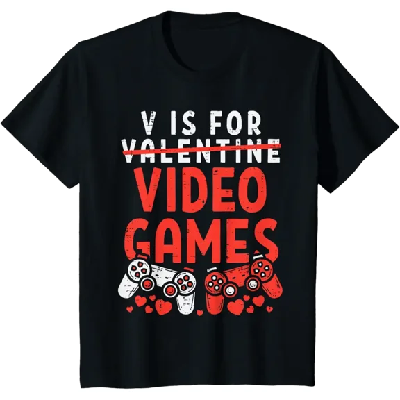 V is for Video Games Funny Valentines Gamer Boy Men Kids T-Shirt