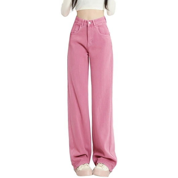 Pavied Womens Jeans Lounge Pants Fashion Sweet Wide Leg Solid Color Jeans Summer High Waist Straight Dragging Loose Skinny Design Pants High Waisted Jeans Baggy Pants Pink 1 XS