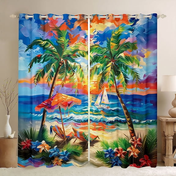 Erosebridal Coastal Flowers Palm Tree Black Out Curtains For Teens,Boys Girls Ocean Beach Sunset Curtains Pack of 2 (42x63 Each),Microfiber Bedroom Decor