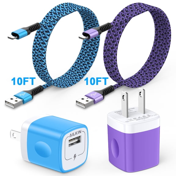 Compatible with iPhone Charger Fast Charging AILKIN 2Pack Charger Block with 10ft Cord Charging Block Plug Power USB Wall Charger Adapter Compatible with iPhone 14/13/12/11(Blue/Purple)