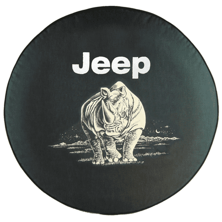 SpareCover - Brawny Series - Jeep Charging Rhino on 35" Tall Black Denim Textured Vinyl Tire Cover - Made in USA only