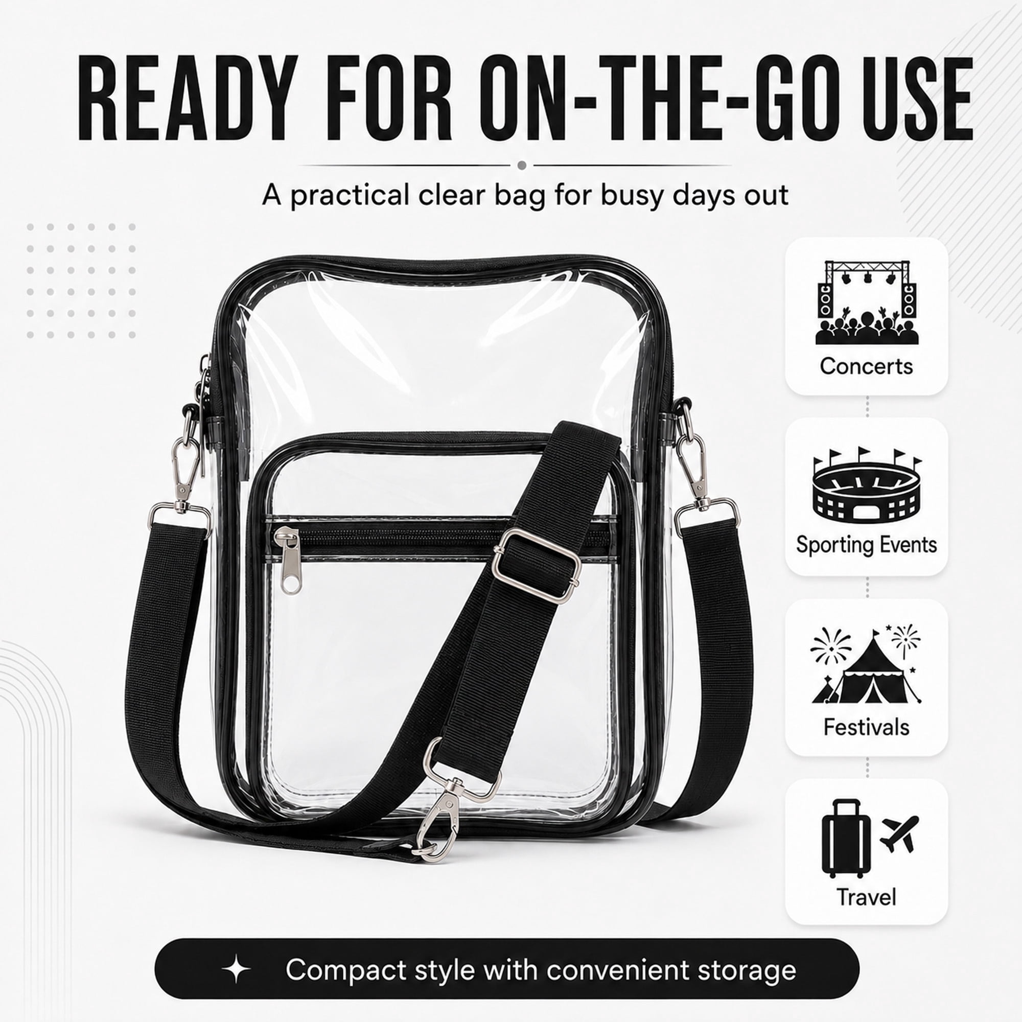 Clear Crossbody Bag with Adjustable Strap, Transparent PVC Shoulder Bag with Dual Front Zip Pockets for Concerts, Events & Travel